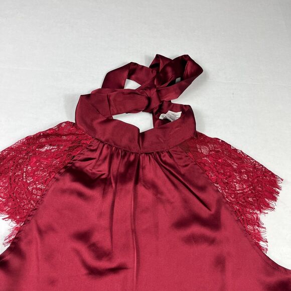 Nicole Miller New York Satin Neck Tie Blouse Red Lace Short Sleeve Shirt SMALL - Picture 3 of 11